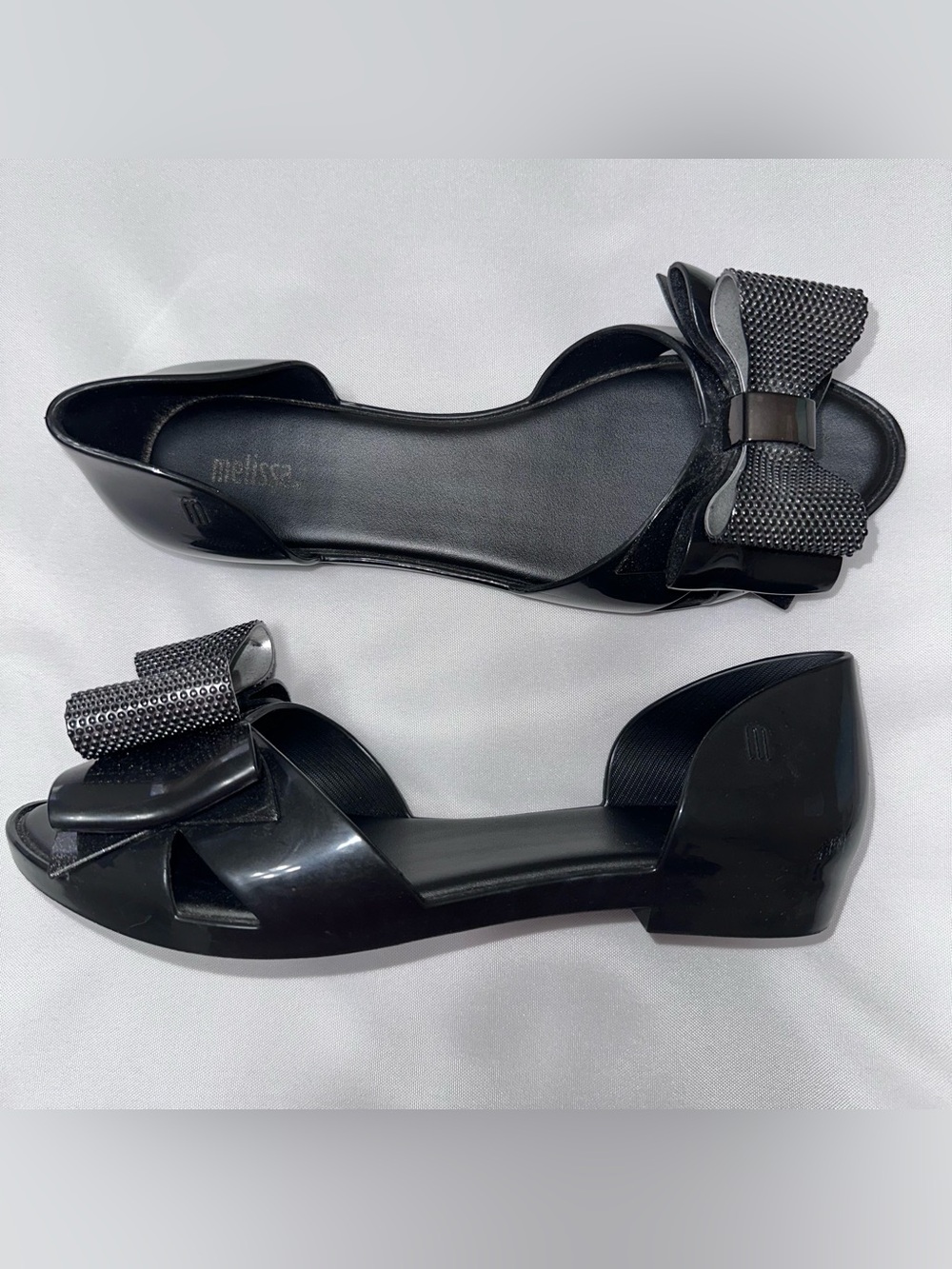 Melissa Black Flats with Bow Accent ladies size 7 jelly peep toe shoes